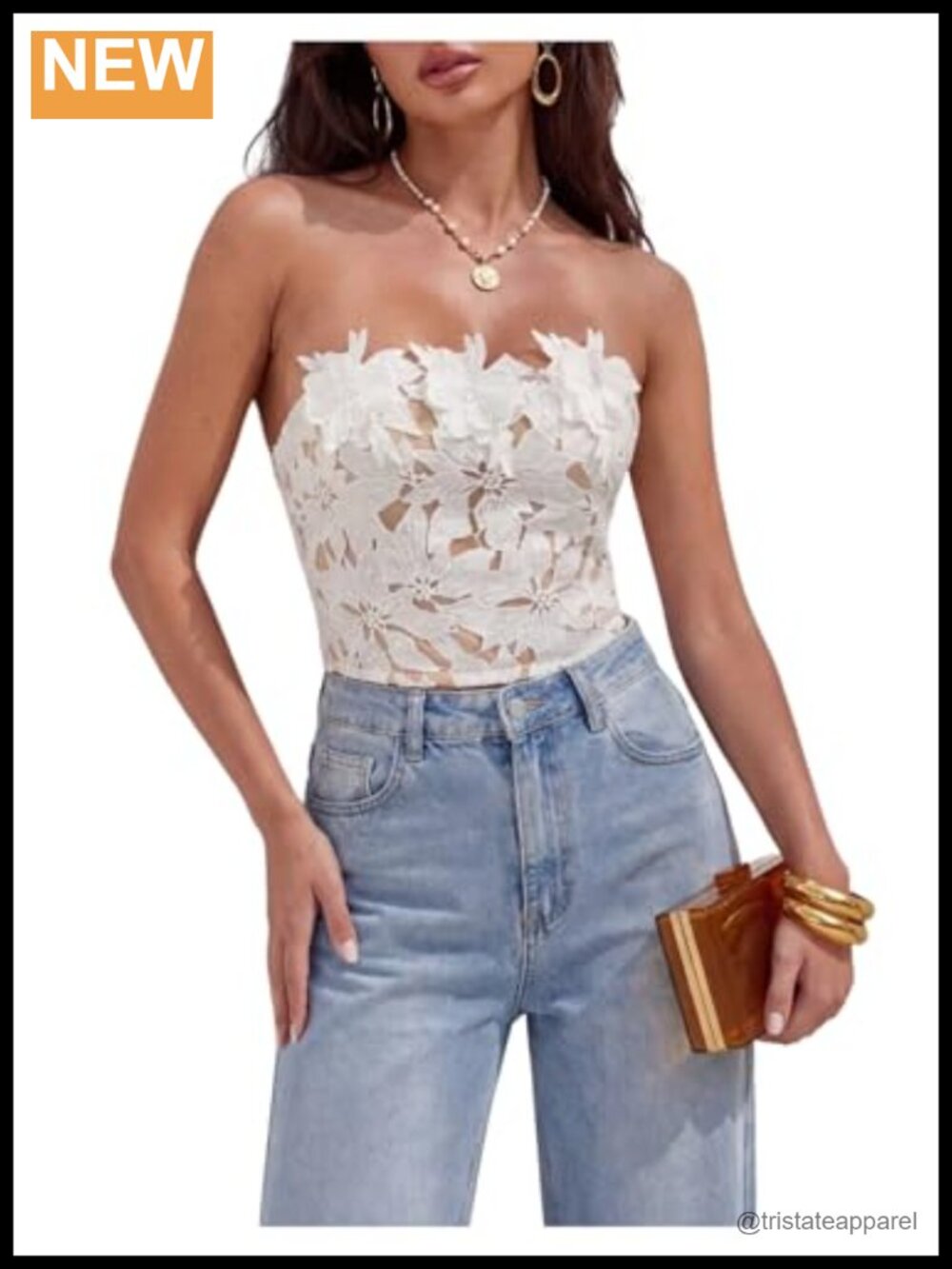 Strapless Sweetheart Neckline Crop Top 3D Floral Lace Mesh Backless Tube Blouse